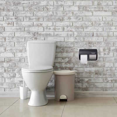 Toilet bowl near light brick wall
